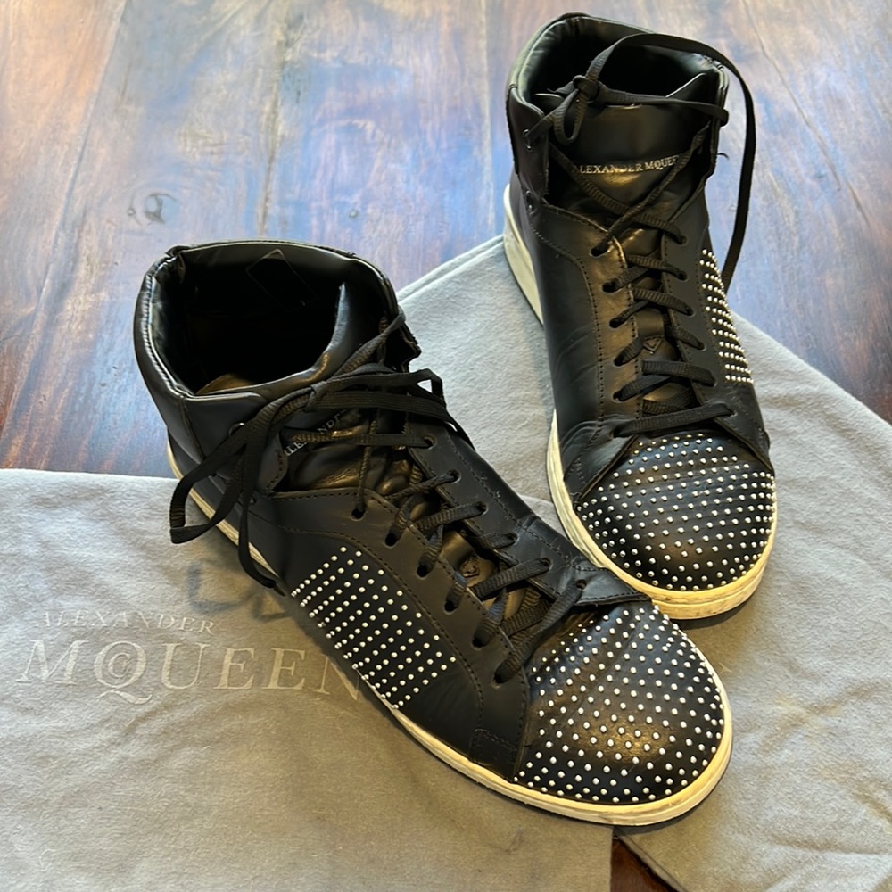 Alexander McQueen black leather high tops with silver metal studs